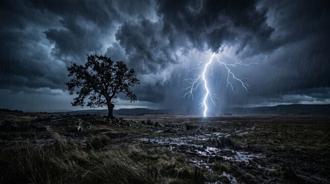Intense lightning illuminating a tree beneath ominous storm clouds