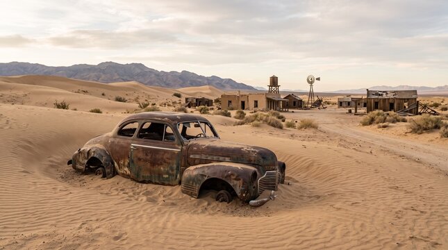 Abandoned vintage car amidst desert landscape and ghost town