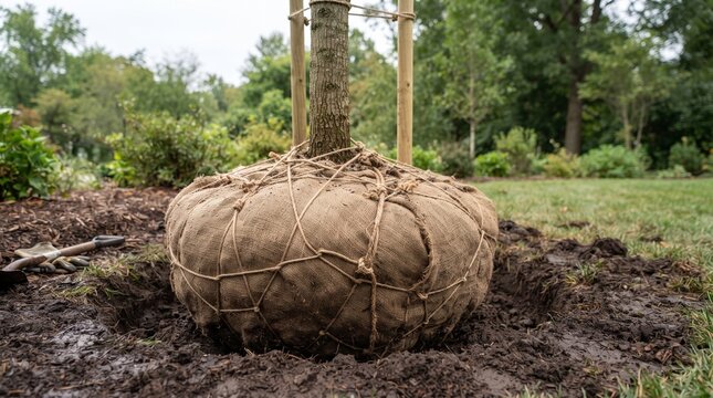 Young tree being planted with burlap root ball in garden soil  
