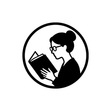 Woman reading a book in a circle badge icon