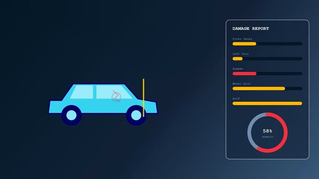 Digital claim processing interface showing vehicle damage diagnostics with moving graphical indicators and color coded statistics displayed on a dark virtual monitoring screen for automotive insurance