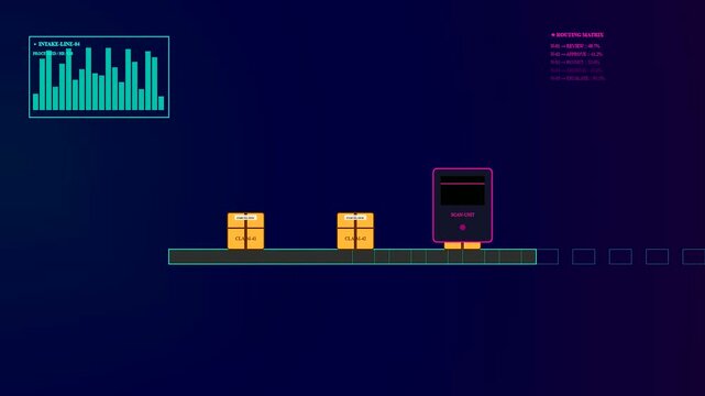 Digital claim processing system featuring automated cardboard parcels moving along a glowing conveyor belt inside a dark virtual interface environment with colorful data bar graphs above