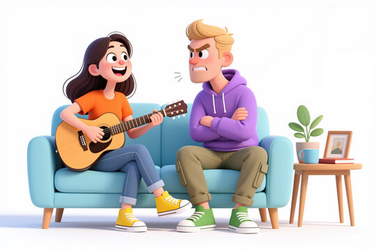 Cartoon couple sitting on blue sofa, girl playing guitar, man looking unhappy, relaxed atmosphere, white background, casual clothing, furniture and decor nearby.