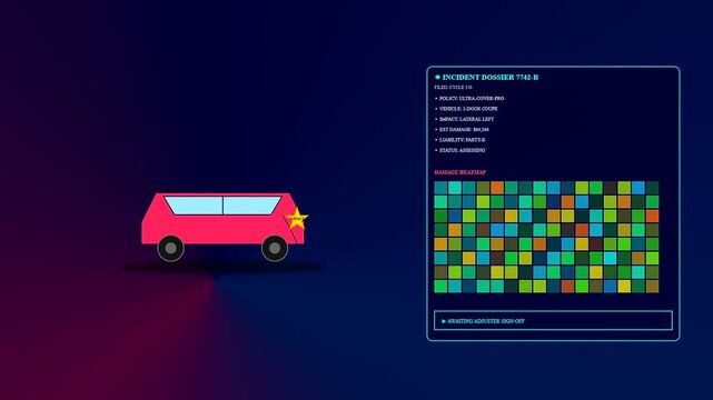 Claim processing interface displays animated motor vehicle accident data with a vibrant graphical grid showing impact damage status in a minimalist digital software dashboard style view