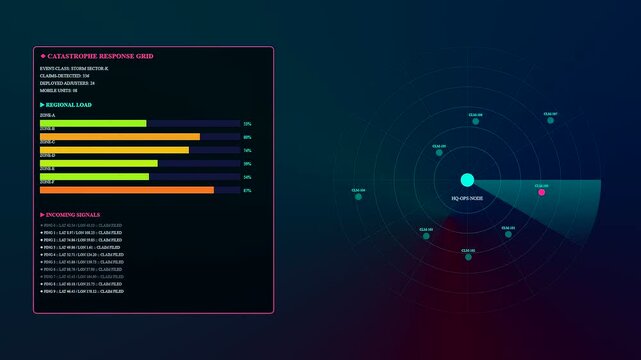 Claim processing interface displays dynamic radar scanning patterns with colorful bar graphs and scrolling list data points evolving on a dark digital monitoring system screen display