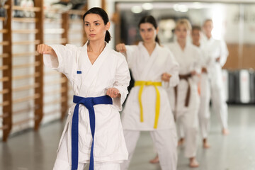 Assertive young woman practicing punches standing in row with others during karate classes © JackF