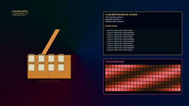 Claim processing interface displays digital document retrieval status through a grid heatmap system while showing file organization progress in a minimalist clean professional software user view