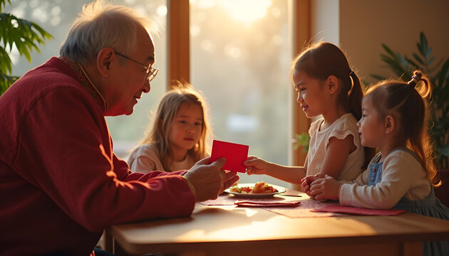 Grandfather gives red envelopes to happy granddaughters at home