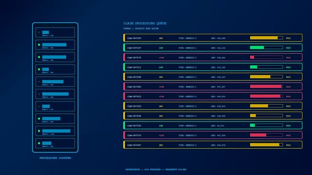 Digital claim processing system showing active data streams with colorful progress bars and status indicators displayed on a dark virtual interface for financial monitoring operations