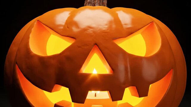 Zooming in on a glowing carved pumpkin face