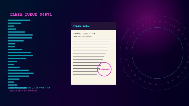 Digital claim processing animation showing a form being approved within a virtual queue interface displayed on a dark purple screen with flowing neon light effects