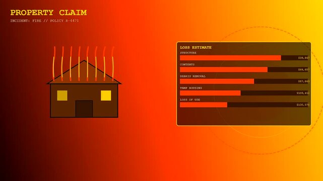 Claim processing animation showing a house engulfed in red fire with fluctuating data charts and financial metrics displayed on the screen for insurance damage assessment documentation