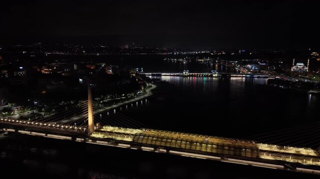 Istanbul Turkey Night Aerial View of Golden Horn Galata Bridge and Eminonu
