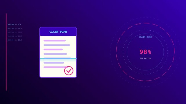 Digital claim processing animation showing a document scan sequence with progress bars and circular graphical user interface elements set against a deep blue gradients motion display