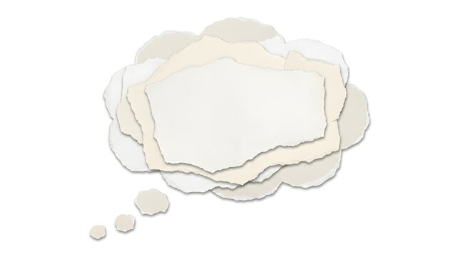 Layered thought bubble crafted from white and beige torn paper pieces with paper cloud dream cloud thinking bubble paper craft