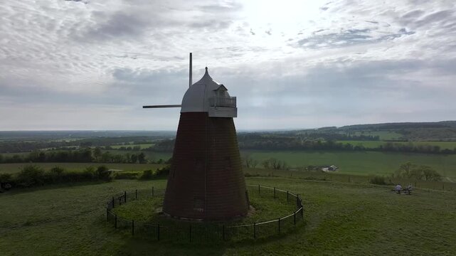 Fields and Farms over Halnaker Hill and the Windmill Trail from a drone, Boxgrove Village, West Sussex, England