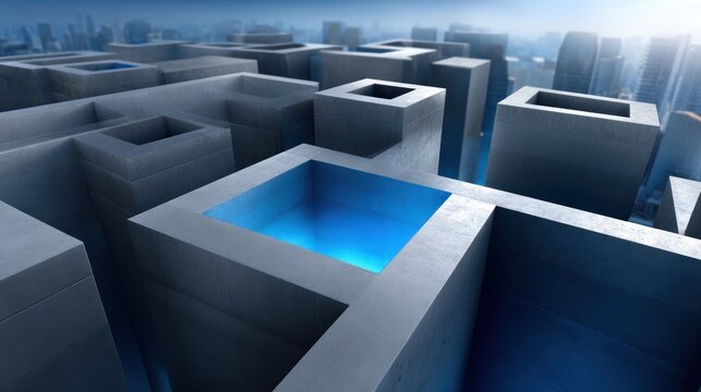 Abstract concrete labyrinth with glowing blue light symbolizing strategy
