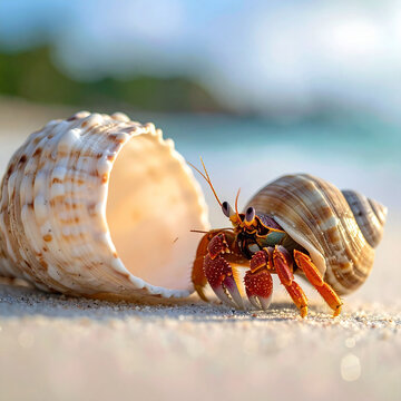 A charming hermit crab explores a sundrenched tropical beach, finding a new home beside an empty seashell. This serene, macro nature scene features nobody, evoking themes of growth and change.