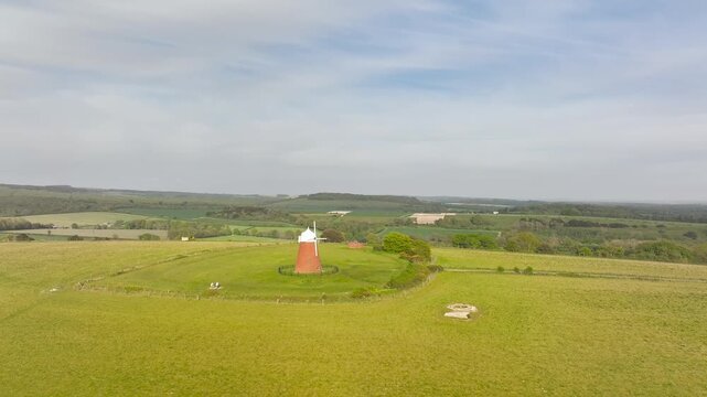Fields and Farms over Halnaker Hill and the Windmill Trail from a drone, Boxgrove Village, West Sussex, England