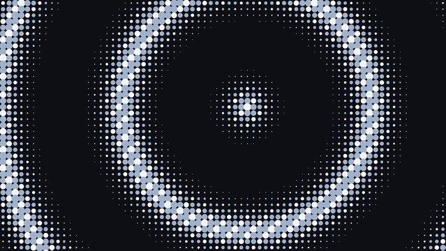 Abstract background, with concentric circles, of white and, grey circular halftone, dots on a, dark black background pattern