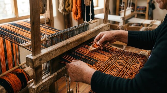 Hands of the weaver creating intricate traditional fabric patterns.