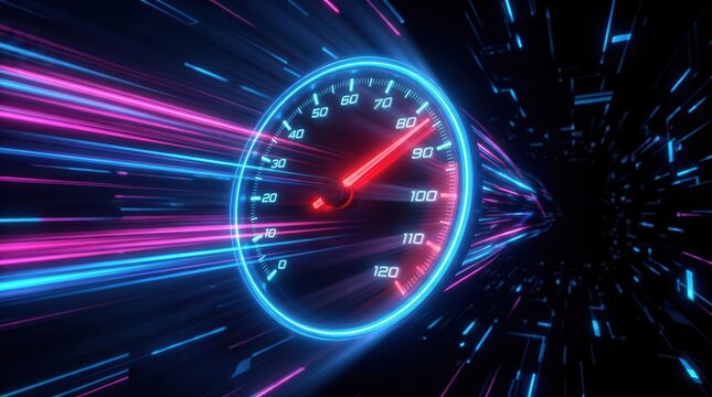 Futuristic neon tachometer displaying maximum performance and rapid acceleration power against an abstract technology background.