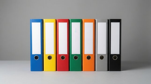 A row of colorful binders neatly arranged on a clean surface.