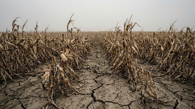 Parched corn stalks stand in a field of cracked earth under a hazy sky during an agricultural drought.