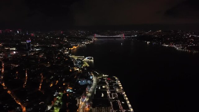 Istanbul Bosphorus Night Skyline Aerial View Over the Strait