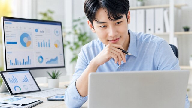 Young Businessman Analyzing Sales Data on Laptop, Focusing on Reporting and Management in a Corporate Office.