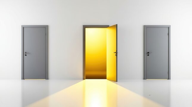Three closed gray doors on a white wall with one open door in the center showing bright yellow light beaming out onto a clean floor.
