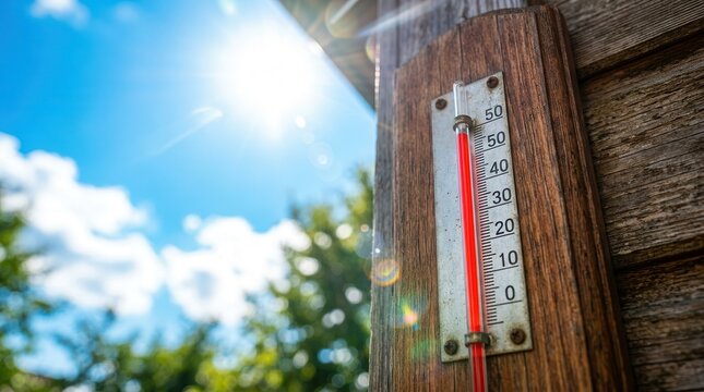 A wooden thermometer showing very high temperature in the summer heat.