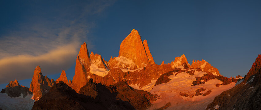 Mount Fitz Roy glowing at sunrise panorama banner copy space