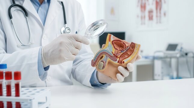 A professional doctor holds an anatomical penis model and uses a magnifying glass during a clinical patient consultation.