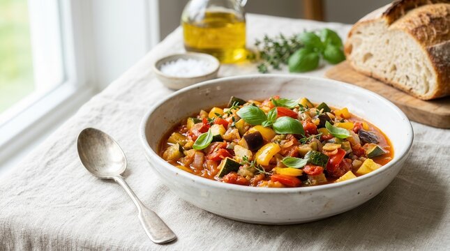 A bowl of ratatouille served with fresh vegetables and herbs on a linen tablecloth.