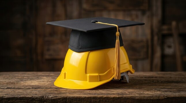 Yellow hard hat with a black graduation cap, a symbol of education leading to a construction career.
