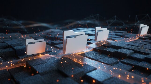 Digital folders moving through abstract dark space with glowing particles.