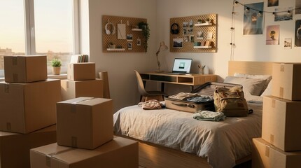 A teenager bedroom with cardboard boxes and a packed suitcase signaling a move-in or move-out transition.