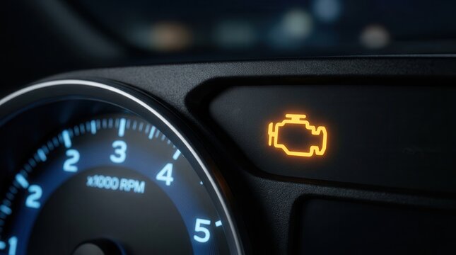 Orange check engine light glowing on a vehicle dashboard console.