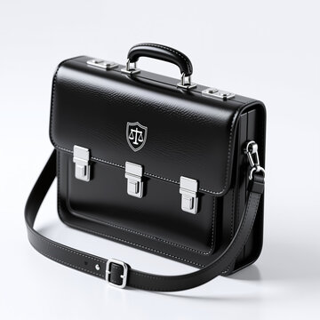 Black leather briefcase with silver accents and a scale logo on a plain white surface, showcased in a product photography style with subtle shadowing.