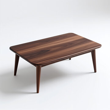 Mid-century modern wooden coffee table with dark brown wood grain, four tapered legs, and rounded rectangular shape on white background with subtle shadowing, suggesting sleek style.