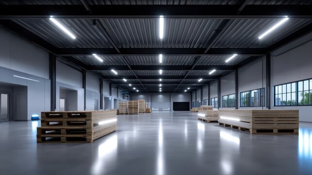Modern empty warehouse interior with wooden pallets and lights