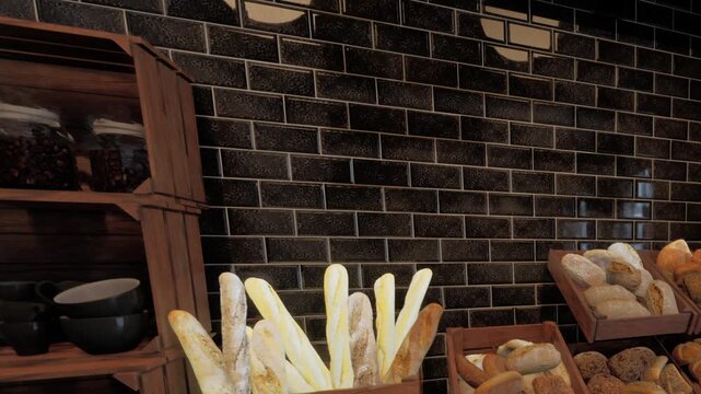 Breads of various types are arranged in wooden boxes at a bakery. The background has a dark tiled wall. The setting shows a focus on fresh baked goods.