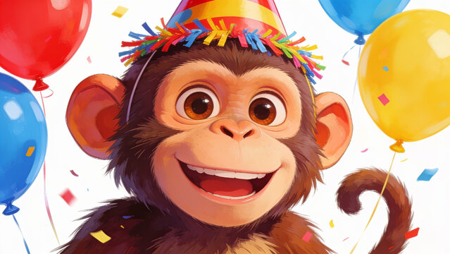 Cheerful young chimpanzee wearing colorful festive party hat surrounded by floating balloons and falling confetti during a joyful birthday celebration