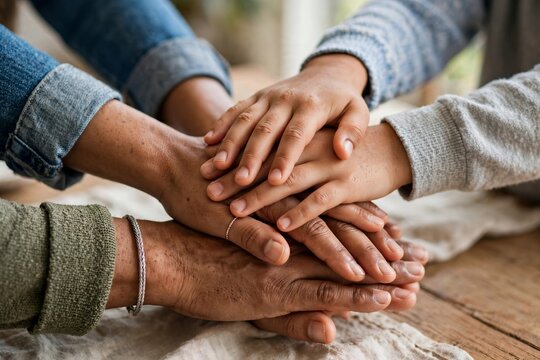 Stacked hands of family supporting elderly hands together