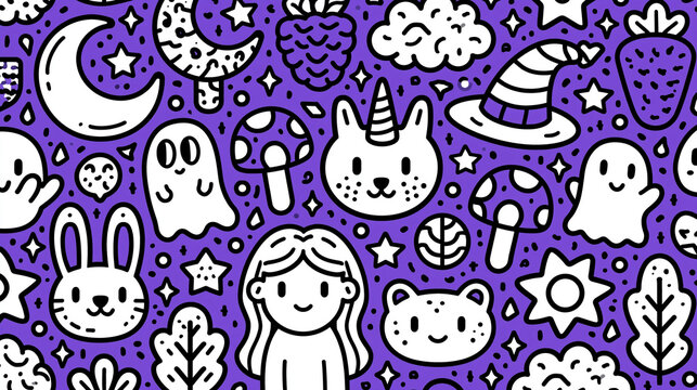 Colorful fantasy doodle patterns with magical elements and cute characters.