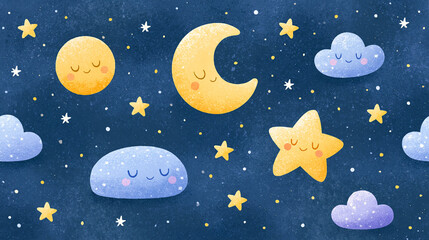 Fototapeta premium Whimsical night sky with smiling moons, stars, and clouds in soft colors.