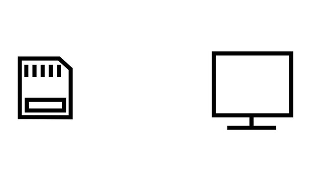 Animation of folder transferring from SD card to computer monitor. Black outline on white background.