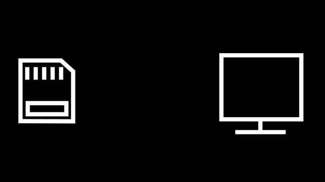 Animation of folder transferring from SD card to computer monitor. White outline on black background.