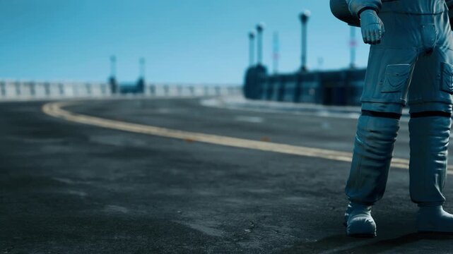 An astronaut stands on a road close to a bridge. The sky is clear and blue. The asphalt has yellow lines. The scene shows an unusual sight of space attire on a regular road.